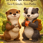 Illustration of Otter and Badger from a children’s FIRE story, showing two friends with different choices around saving and spending.