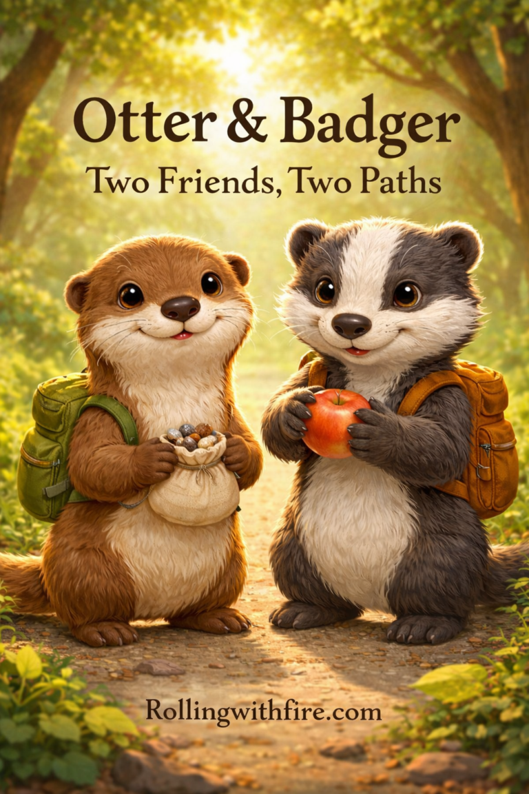 Illustration of Otter and Badger from a children’s FIRE story, showing two friends with different choices around saving and spending.