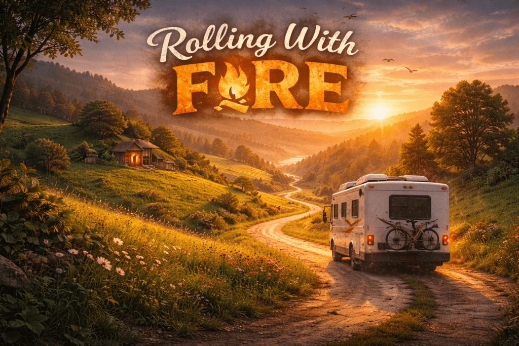 An RV driving down a winding country road toward open hills, symbolizing a family choosing financial independence and a minimalist life on the road