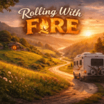 An RV driving down a winding country road toward open hills, symbolizing a family choosing financial independence and a minimalist life on the road