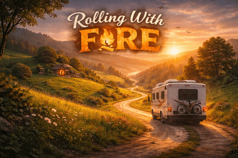 An RV driving down a winding country road toward open hills, symbolizing a family choosing financial independence and a minimalist life on the road