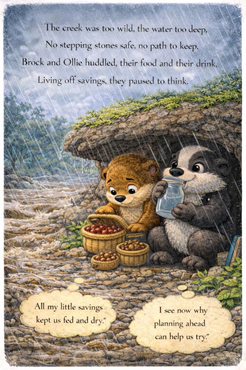 Ollie and Brock with their savings goals - Ollie and Brock book page 11