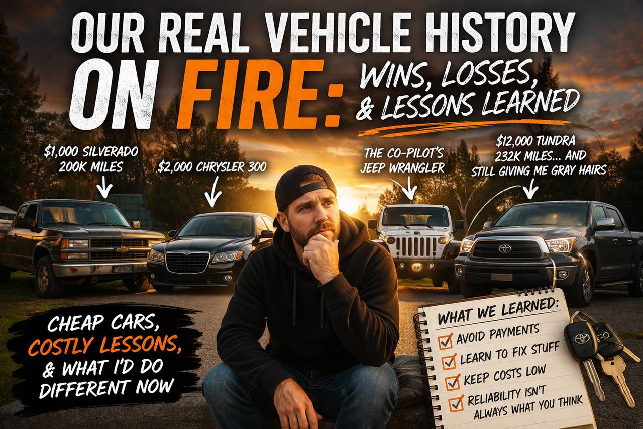 Our real vehicle history on FIRE feature image showing Silverado, Chrysler 300, Jeep Wrangler, and Tundra